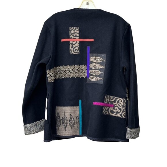 Lynn Murray Black Felt Wool Colorful Wearable Art Applique Patches Jacket Coat M - Picture 15 of 16